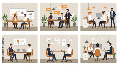 Collage of office scenes depicting meetings, presentations, and collaborative work among professionals in a modern workspace.