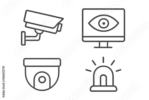 Surveillance and Security Line Icons Set of 4, Outline Linear Camera and Alarm Symbols, Vector Illustration on Transparent Background, Monitoring, CCTV, Alert