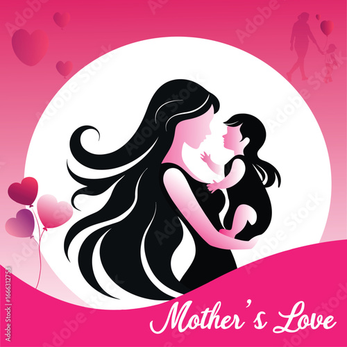 Stylized illustration of a mother holding her baby with long dark hair against a pink background celebrating maternal love