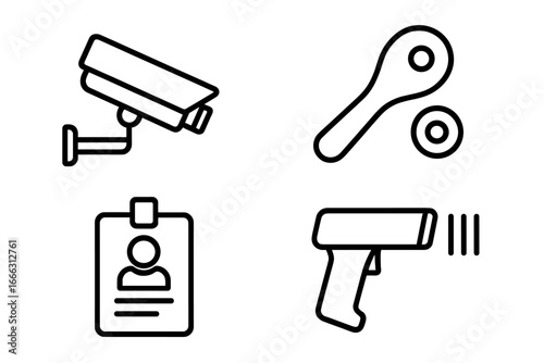 Security Icon Set, Outline Style Vector Illustrations of Surveillance Camera, Security Tag Remover, Badge ID Scanner, and Handheld Scanner Tools for Loss Prevention and Protection