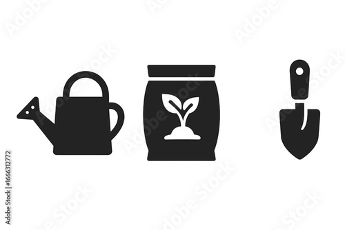 Seedling Growth Tools Icons, Solid Black Filled Vector Set, Watering Can, Fertilizer Bag with Plant, Garden Trowel, Gardening Equipment, Plant Care Symbols on Transparent Background