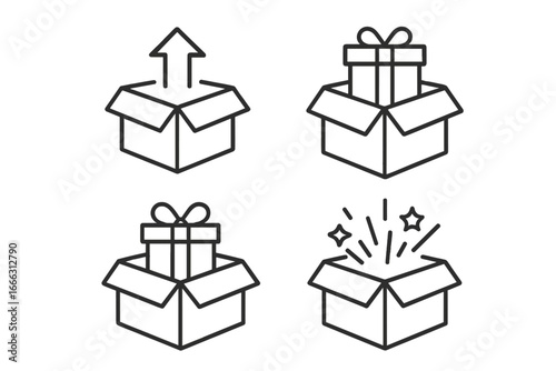 Unboxing Experience Icons Set of 4, Outline Linear Style, Gift and Surprise Symbols, Celebration and Present Reveal Concept, Vector Illustration on Transparent Background