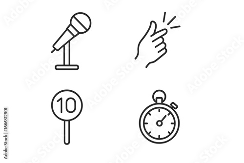 Slam poetry icons set, outline style vector illustration, microphone stand, snapping fingers gesture, judge’s paddle with number 10, stopwatch timer clock, spoken word performance elements