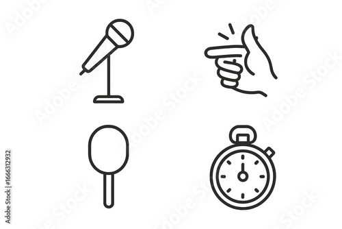Slam Poetry Icons Outline Set of Performance Elements Microphone Stand Snapping Fingers Judge Paddle Timer Clock Vector Illustration