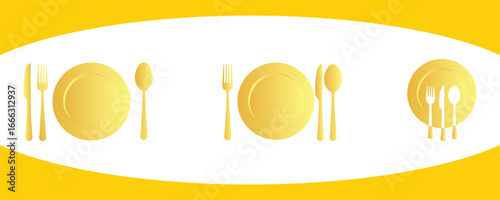 Three elegant golden oval plates with silverware arranged for a formal dining experience on a bright yellow background