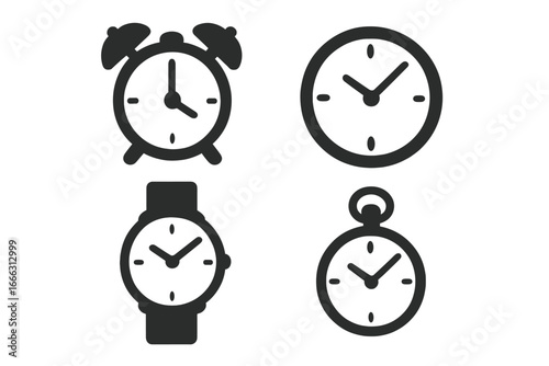 Watch and timepiece silhouette icon set with clocks and wristwatches in minimalist silhouette style, vector cartoon illustration, transparent background, ordered set 1