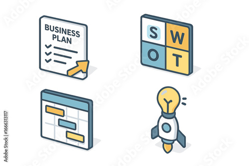Startup Planning Icons Isometric Flat Vector Set with Business Plan Document, SWOT Analysis Chart, Gantt Schedule, and Lightbulb Rocket Innovation Concept
