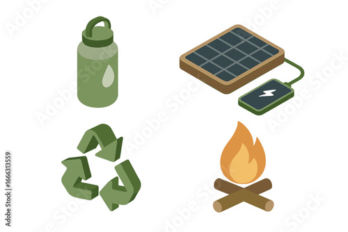 Sustainable Camping Icons Set, Isometric Flat Vector Illustration of Eco-Friendly Outdoor Practices with Reusable Water Bottle, Solar Charger, Recycling Symbol, and Campfire