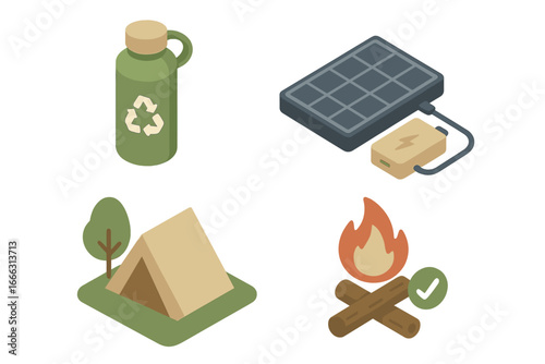 Sustainable camping icons isometric flat vector set featuring eco-friendly reusable water bottle, solar charger, minimalist tent with tree, and safe campfire symbols for green outdoor living
