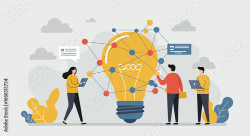 Three diverse individuals collaboratively develop a brilliant new business concept, connecting innovative ideas within a dynamic technological network.
