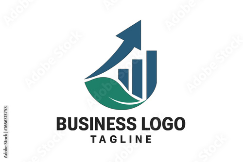 Business Growth Logo with Leaf and Arrow, Sustainable Development Icon, Financial Success Vector Illustration, Eco-Friendly Corporate Symbol on Transparent Background