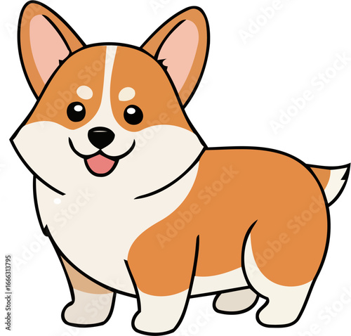 A cute cartoon Corgi dog with brown and white fur, smiling happily with its tongue out. ,illustration vector art og cute dog