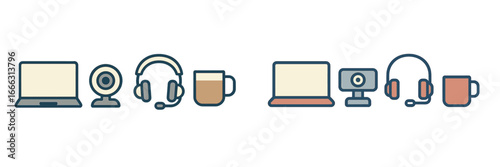 Workspace includes a laptop, webcam, headphones, and coffee mug