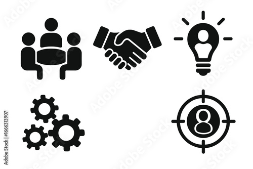 Solid filled teamwork and collaboration icon set with group meeting, handshake, light bulb idea, gears mechanism, and target focus vector illustration on transparent background