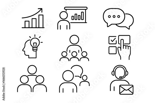Essential business and communication vector line icon set. Features icons for growth, presentation, chat, idea, teamwork, voting, meeting and customer service support.