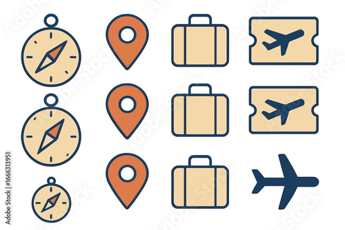Travel icons: compass, suitcase, airplane elements