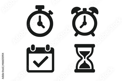 Time management icons set with solid filled stopwatch, alarm clock, calendar reminder, and hourglass vector illustration for productivity and scheduling concepts