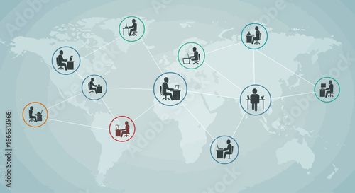 This intricate graphic illustrates a global network of interconnected individuals working remotely, symbolizing modern business communication and worldwide collaboration.