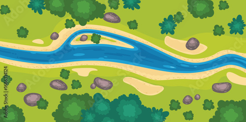 River top view landscape above forest, aerial map