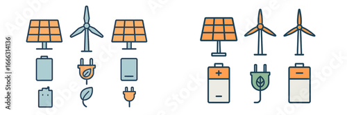 Vector illustration of renewable energy sources and battery icons