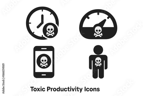 Toxic Productivity Icons, Solid Filled Vector Set of Toxic Productivity Tools Including Time Tracker, Performance Meter, Focus App, and Rigid Workload Symbols on Transparent Background