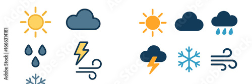 Weather symbols showcasing sun, clouds, rain, snow, and lightning