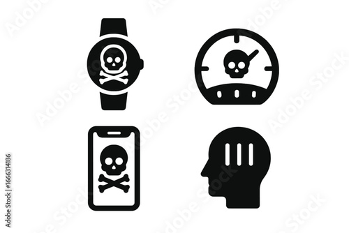Toxic productivity icons set, solid filled vector illustration of time tracker watch, performance meter, focus app, rigid mindset concept, skull and crossbones symbols