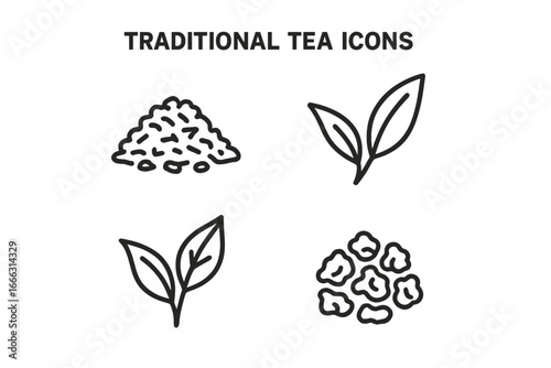 Traditional Tea Icon Set, Outline Collection of Loose Leaf Tea, Green Tea Leaves, Black Tea Leaves, Oolong Tea, Herbal Tea Symbols, Vector Illustration