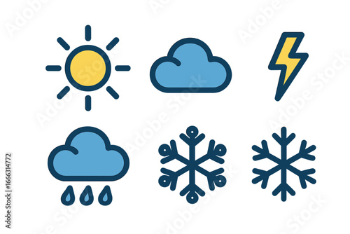 Weather icons set depicting sun, rain, snow, and thunder