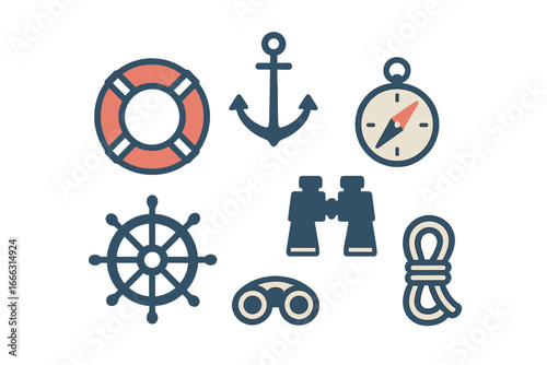 Nautical icons collection featuring maritime equipment and tools