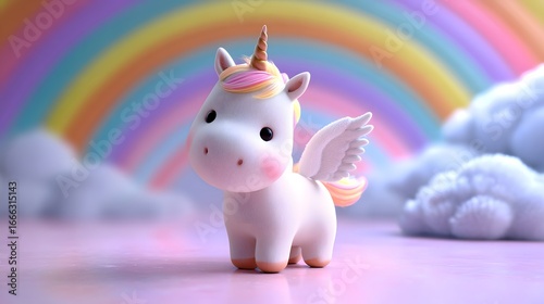 Adorable 3D Little Unicorn with Wings and Rainbow