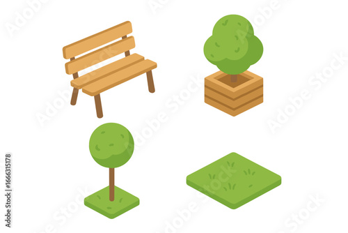 Urban park icon set with isometric style greenery and seating elements including wooden bench, planter box with tree, topiary shrub, and grass patch vector illustrations