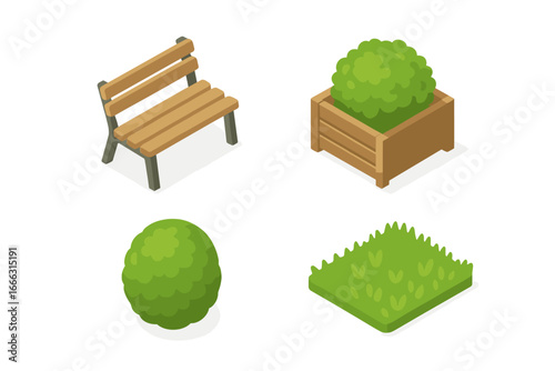 Urban park icons set. Isometric vector illustration of greenery elements and seating zones with wooden bench, planter box, topiary shrub, and grass patch. Landscape design symbols.