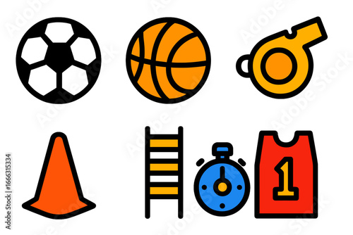 Sports equipment vector illustration featuring various items for games