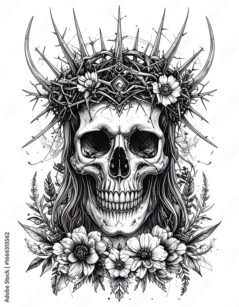 Obraz premium A detailed illustration of a skull adorned with a crown of thorns and flowers, evoking a powerful and artistic theme.