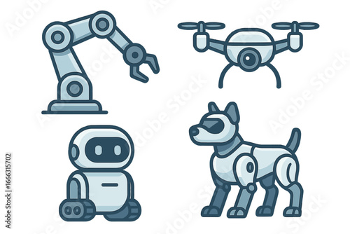 Various robotic and animal figures including robotic arm, drone with camera, robot with wheels, and futuristic robotic dog in modern cartoon vector style for technology themes