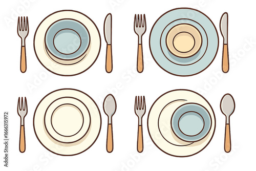 Artistic Various Table Settings with Plates, Bowls, Forks, Knives, Spoons, and Cutlery Arranged Neatly on Clean Background, Vector Cartoon Illustration of Ordered Dinnerware Set