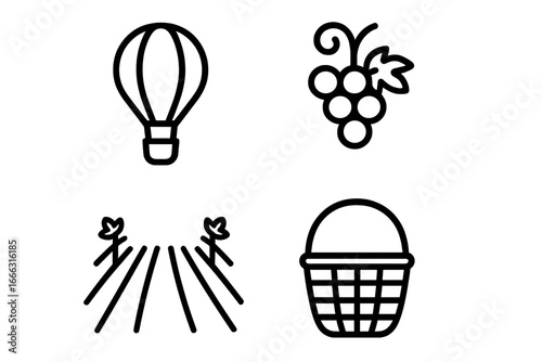 Vineyard Icon Set with Outline Style Including Hot Air Balloon Overflight, Grape Cluster, Vine Rows, and Basket Silhouette for Agricultural and Wine Concepts