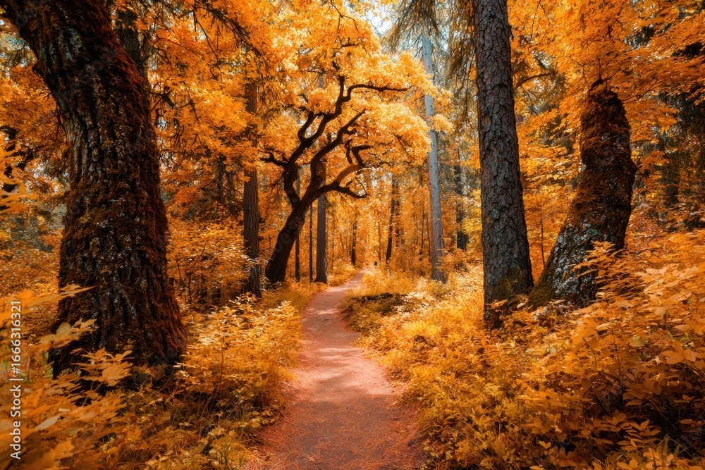 Fototapeta premium The forest covered autumn golden leaves.