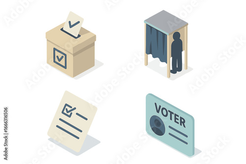 Isometric Voting Rights Icons Set, Equality Concept with Ballot Box, Voting Booth, Marked Ballot, and Voter Registration Card, Transparent Vector Illustration