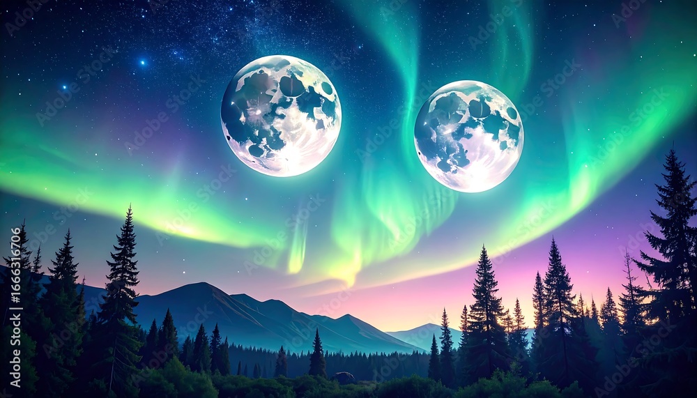Fototapeta premium Two Moons, Aurora Borealis, and Mountainous Forest at Night.
