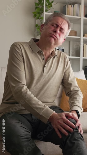 Senior man experiencing intense knee pain on sofa