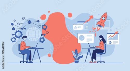 Business professionals collaborate efficiently in a modern digital environment, utilizing technology and data analytics to foster innovation and drive rapid market growth.