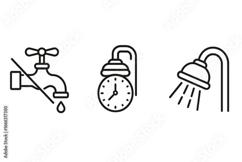 Water conservation icons set with faucet turned off, shower timer, and low-flow showerhead outline vector illustration for environmental awareness and sustainable living
