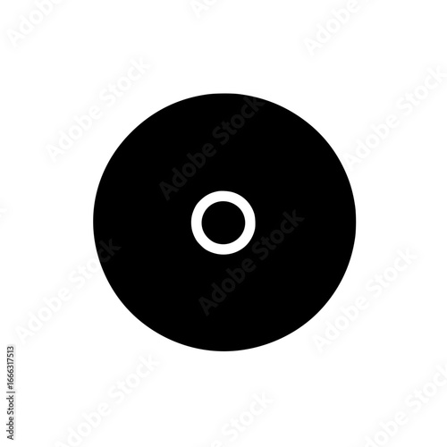 Solid black disc featuring a white circular hole in the center, commonly associated with records or compact discs, set against a white background