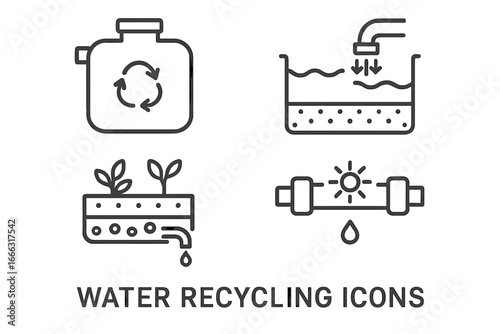 Water Recycling Icons Set, Outline Vector Symbols of Water Reuse, Greywater Tank, Settling Basin, Biofiltration Bed, UV Purification, Sustainable Water Management
