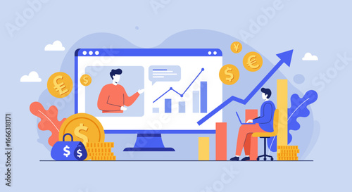 This vibrant illustration showcases online business growth, digital marketing strategies, and financial success through virtual education and data analysis.