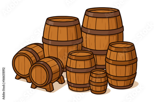 Rustic wooden barrels of various sizes, cartoon vector illustration, vintage storage containers, craft fair display, old-fashioned wooden casks, barrel collection set, transparent background