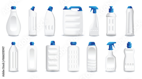 Diverse white bottles with blue caps, designed specifically for cleaning products mockup