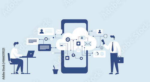 Modern business professionals leverage cloud technology and mobile applications for seamless data management and digital communication, boosting productivity.